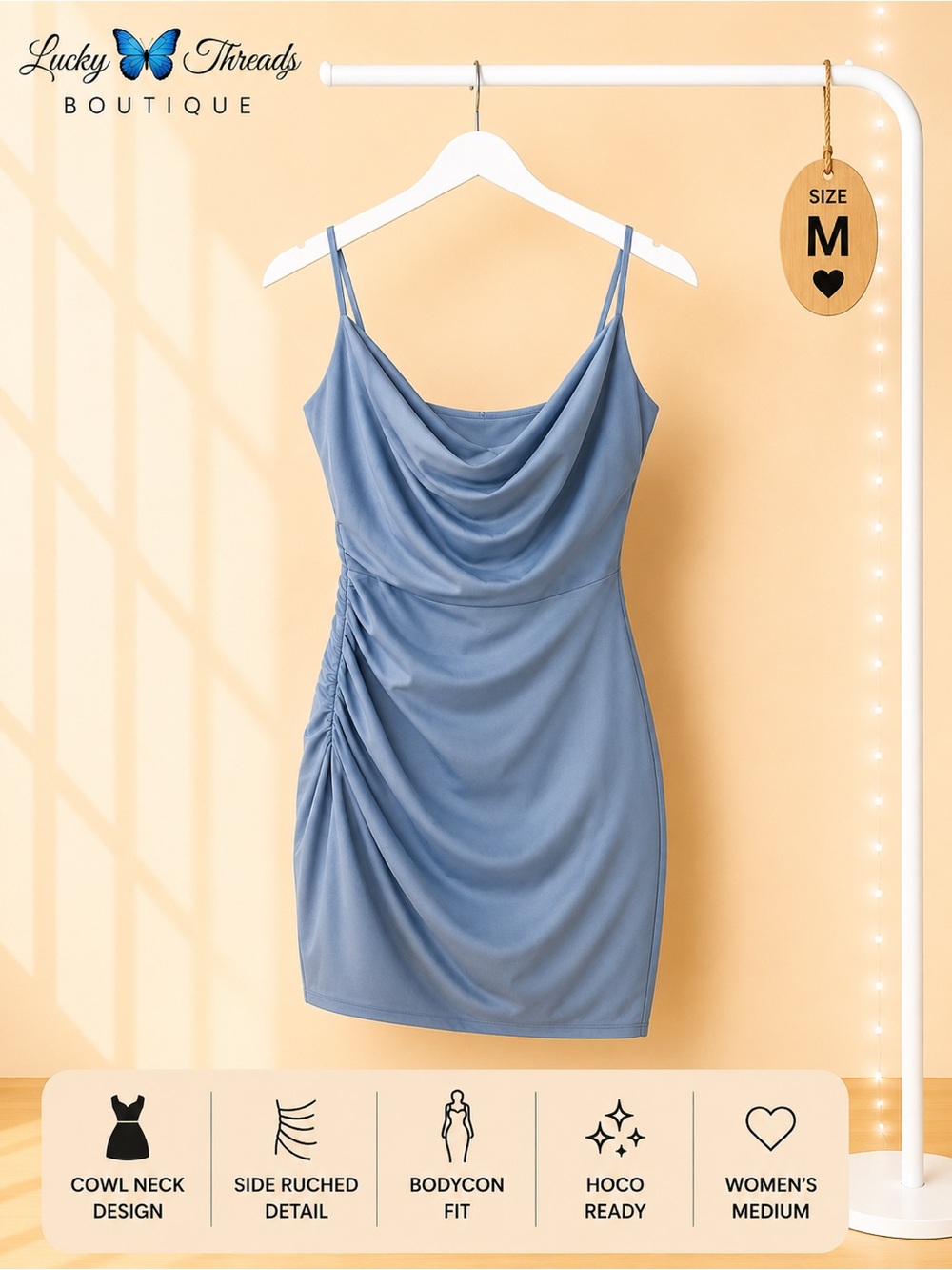 Windsor Dusty Blue Cowl Neck Ruched Bodycon Mini Dress Women’s Med #homecoming